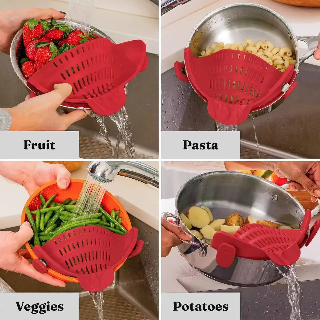 1pc Adjustable Silicone Clip-On Strainer for Pots Pans and Bowls - Handheld Drainer for Noodles Pasta