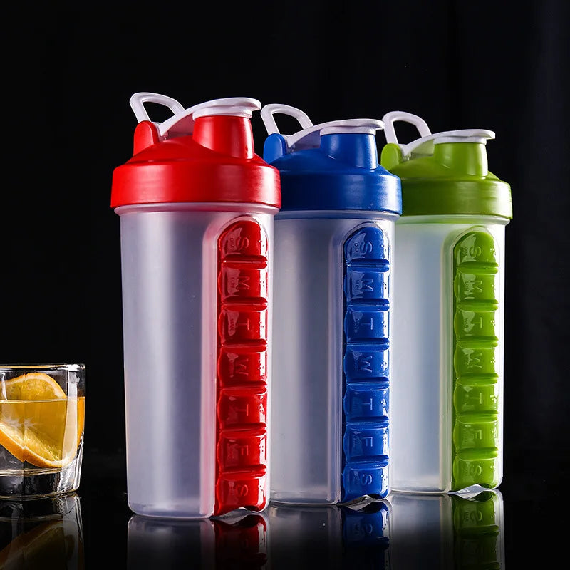 600ml 2 in 1 Pill Box Outdoor Travel Water Bottle 7 Compartments Medical Organizer With Drinking Bottle Old Man Portable Tablet