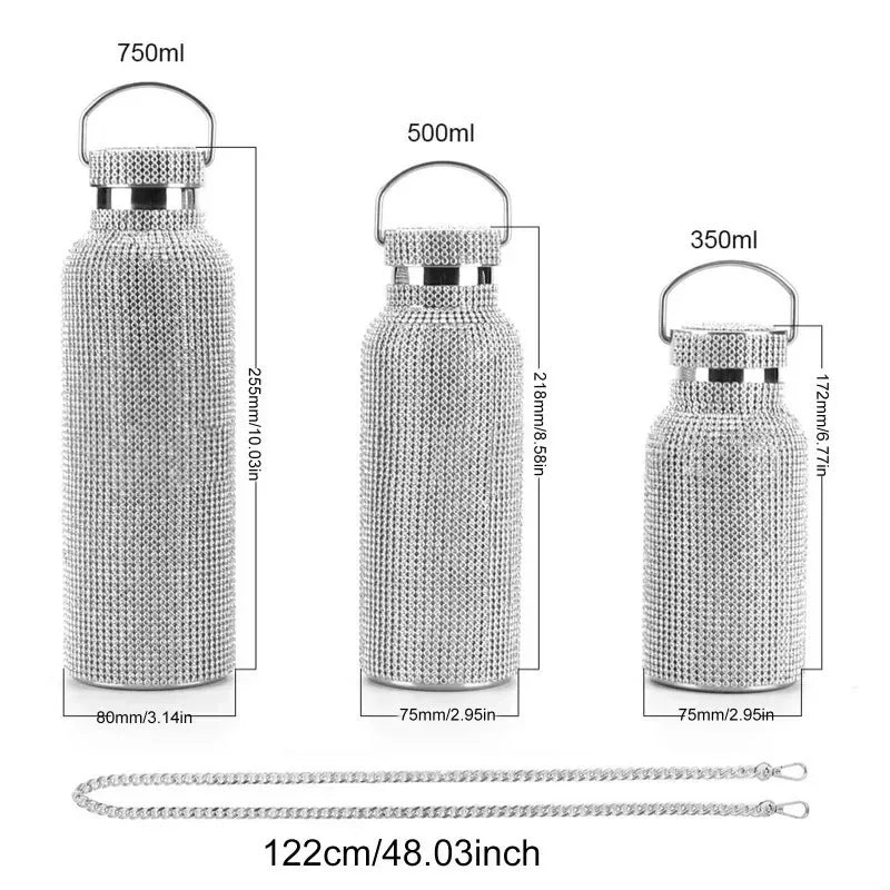 Diamond Stainless Steel Thermos Water Bottle Portable Glitter Rhinestone Water Bottle Crossbody Bling Thermal Flask350/500/750ml