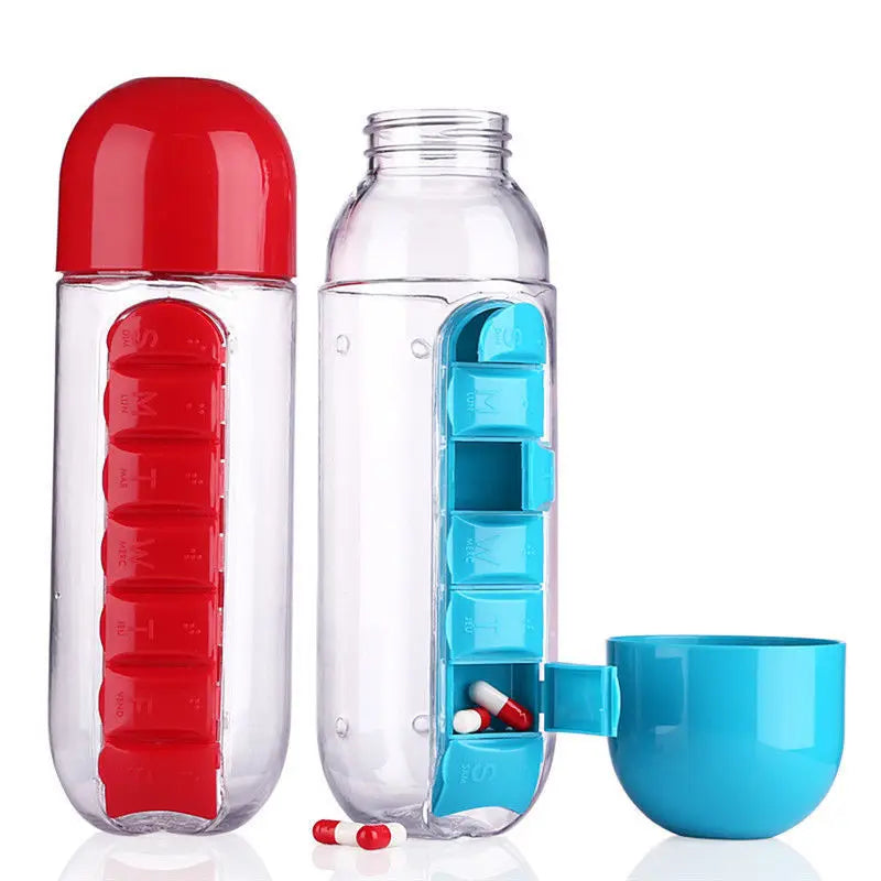 Portable Water Bottle With Built-in Pill Box for Medicines, Vitamins, Perfect for Outdoor, Gym, Fitness, Camping and Traveling