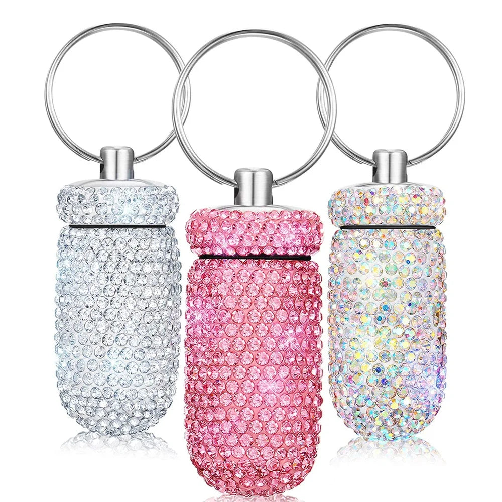 Bling Rhineston Pill Container Portable Pill Bottle Case Waterproof Travel Medicine Box Beautiful Holder Storage with Keychain