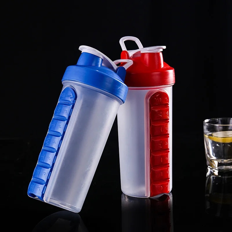 600ml 2 in 1 Pill Box Outdoor Travel Water Bottle 7 Compartments Medical Organizer With Drinking Bottle Old Man Portable Tablet