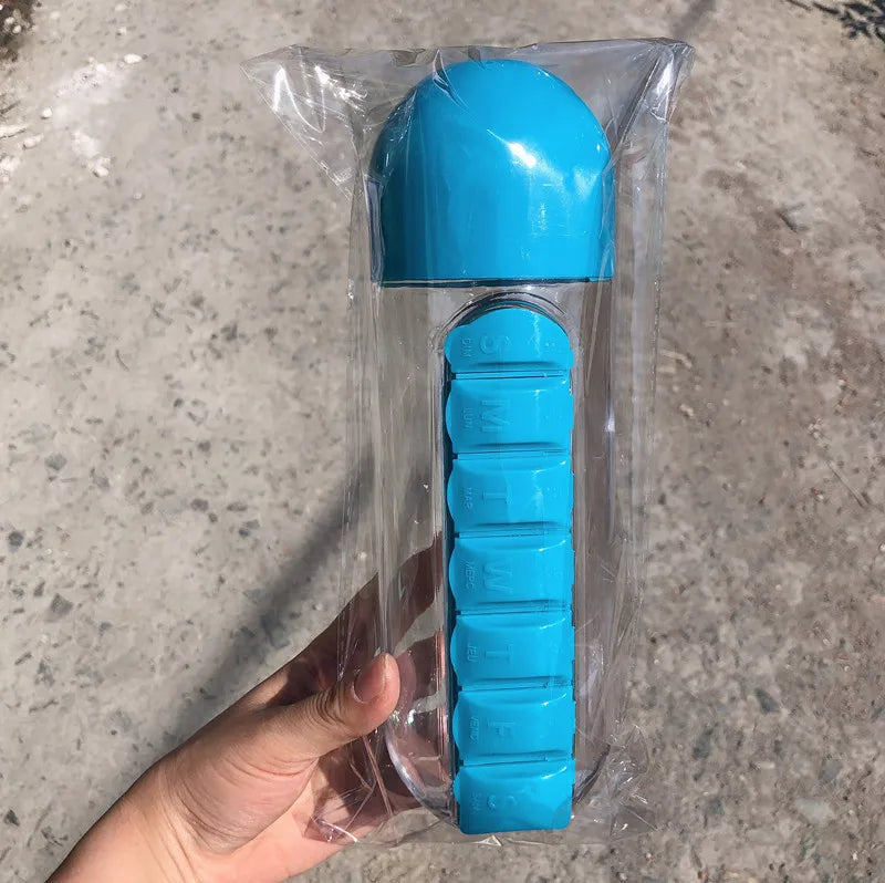 Portable Water Bottle With Built-in Pill Box for Medicines, Vitamins, Perfect for Outdoor, Gym, Fitness, Camping and Traveling