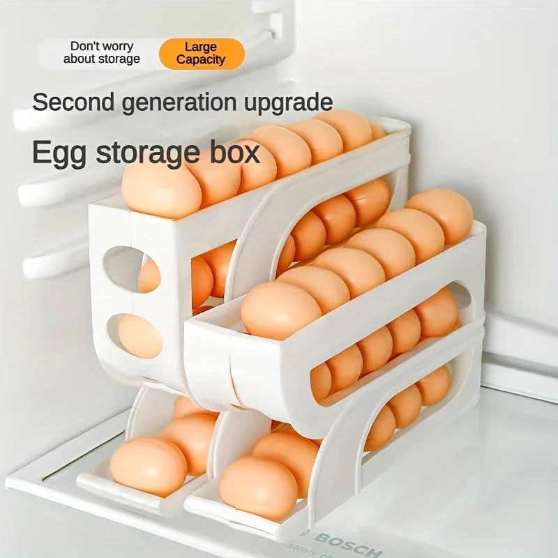 Innovative 4-Tier Sliding Egg Dispenser - Automatic Rolling Egg Rack, Refrigerator Egg Storage Box, Shatterproof Design