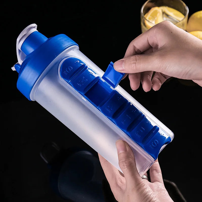 600ml 2 in 1 Pill Box Outdoor Travel Water Bottle 7 Compartments Medical Organizer With Drinking Bottle Old Man Portable Tablet