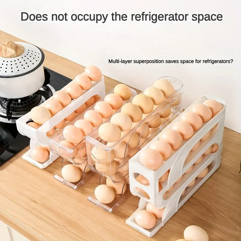 Innovative 4-Tier Sliding Egg Dispenser - Automatic Rolling Egg Rack, Refrigerator Egg Storage Box, Shatterproof Design