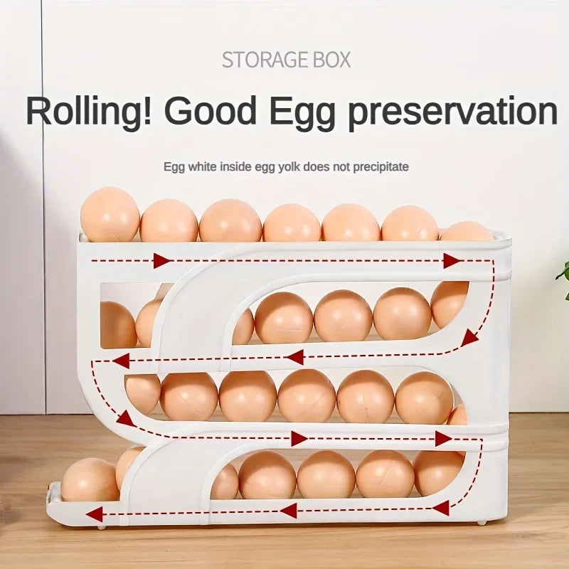 Innovative 4-Tier Sliding Egg Dispenser - Automatic Rolling Egg Rack, Refrigerator Egg Storage Box, Shatterproof Design