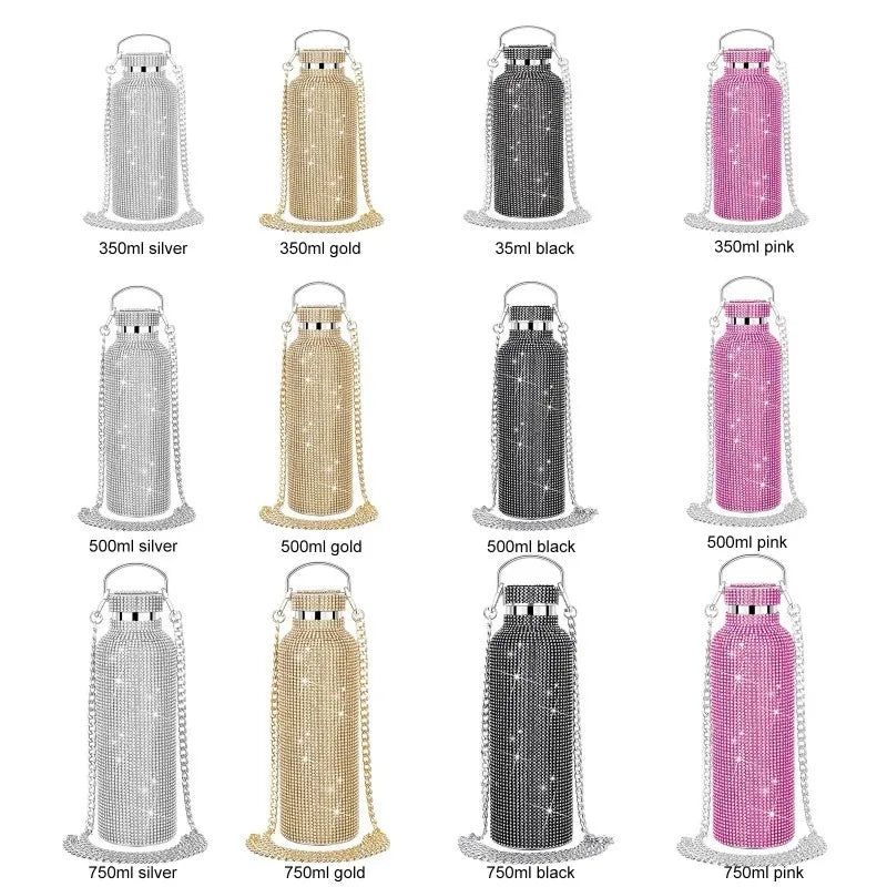 Diamond Stainless Steel Thermos Water Bottle Portable Glitter Rhinestone Water Bottle Crossbody Bling Thermal Flask350/500/750ml