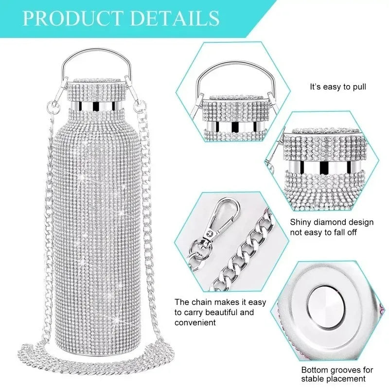 Diamond Stainless Steel Thermos Water Bottle Portable Glitter Rhinestone Water Bottle Crossbody Bling Thermal Flask350/500/750ml