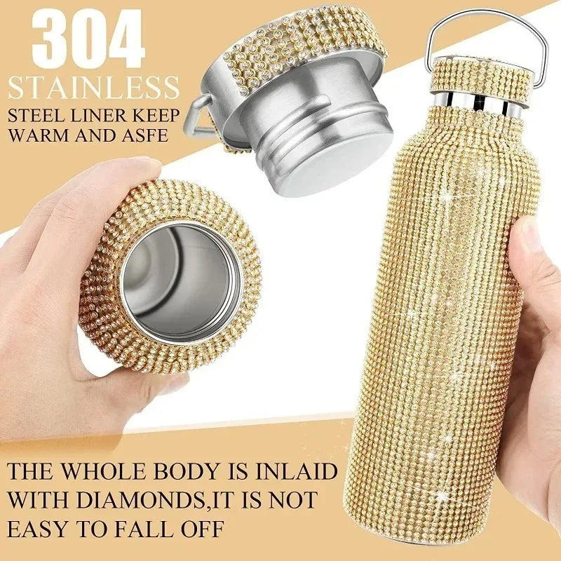 Diamond Stainless Steel Thermos Water Bottle Portable Glitter Rhinestone Water Bottle Crossbody Bling Thermal Flask350/500/750ml