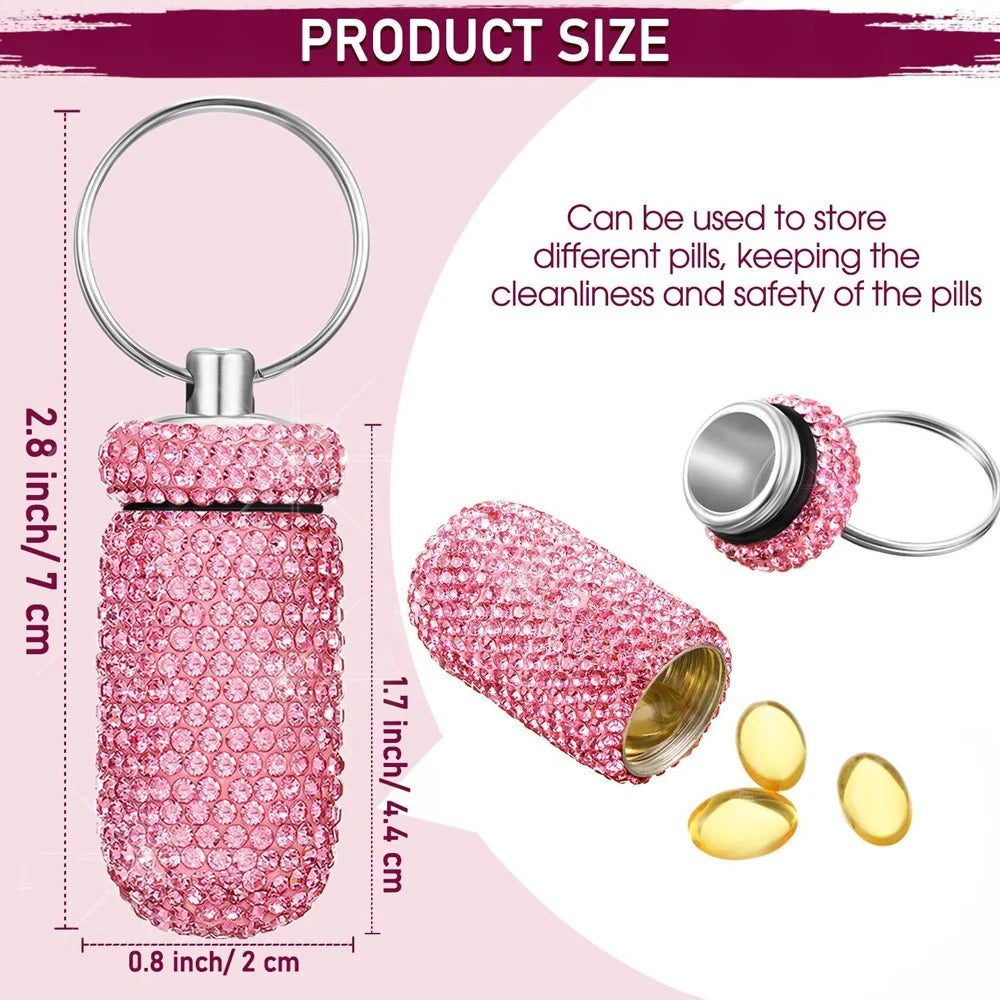 Bling Rhineston Pill Container Portable Pill Bottle Case Waterproof Travel Medicine Box Beautiful Holder Storage with Keychain