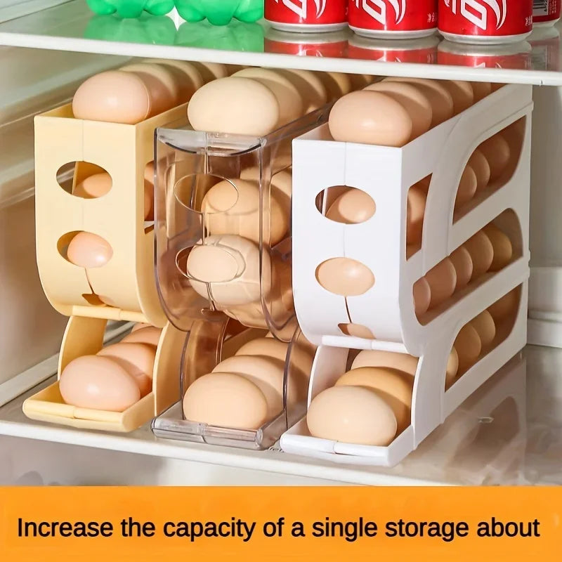 Innovative 4-Tier Sliding Egg Dispenser - Automatic Rolling Egg Rack, Refrigerator Egg Storage Box, Shatterproof Design