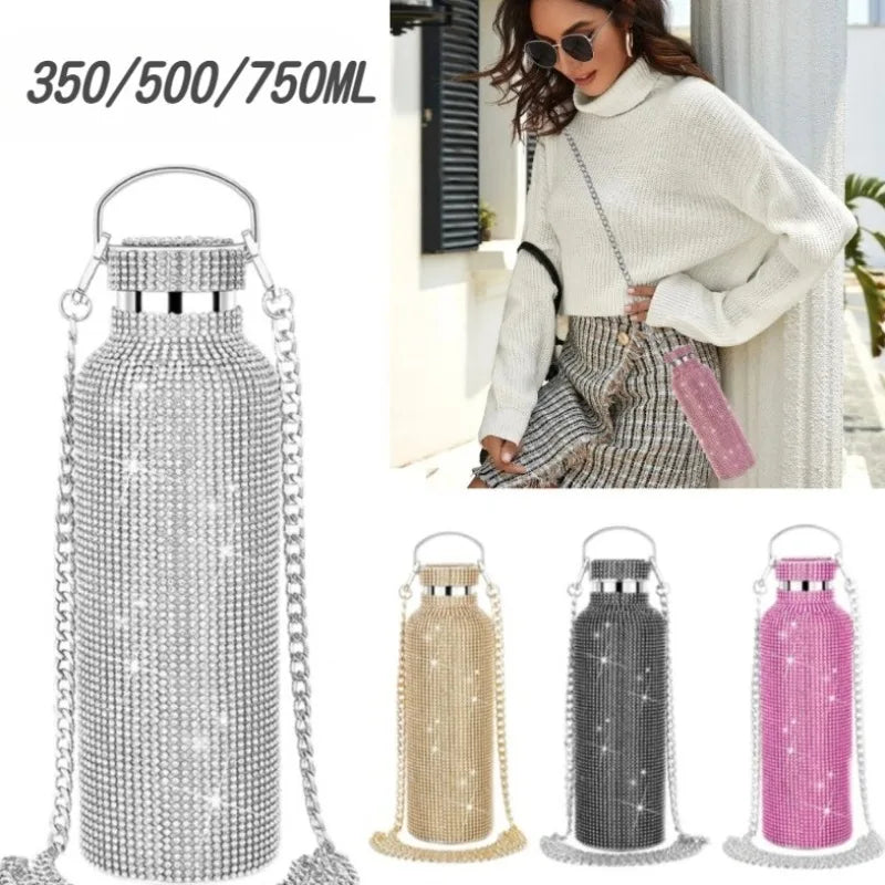 Diamond Stainless Steel Thermos Water Bottle Portable Glitter Rhinestone Water Bottle Crossbody Bling Thermal Flask350/500/750ml